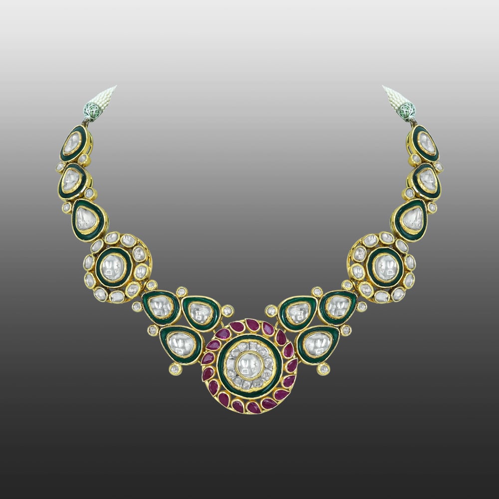 Polki Necklace with Red Rubies and Green Enamel
